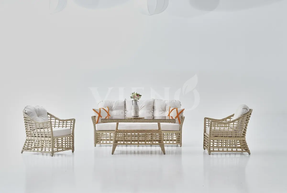 Bergama Rattan Bahçe Balkon Oturma Grubu Cappuccino - Bench Dahil