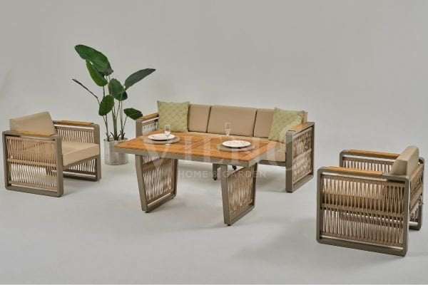 Argos Alüminyum Bahçe Balkon Oturma Grubu Yüksek İreko Ahşap Sehpa - Cappuccino