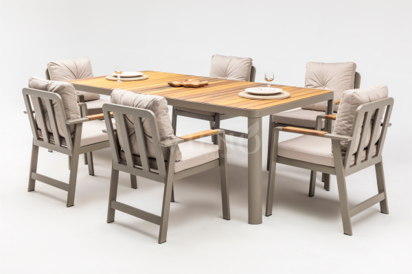 Efes Alüminyum Bahçe Balkon Masa Takımı Ahşap Tablalı (90cmx160cm) Cappuccino